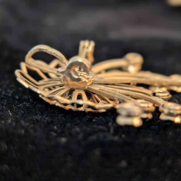 Vtg Gold Tone Blue/Clear Rhinestone Art Deco 1950s Flower Spray Brooch/Pendant - Picture 3 of 5